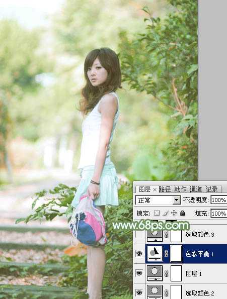 ‘Photoshop将树边美女图片调制出唯美的淡调嫩绿色‘