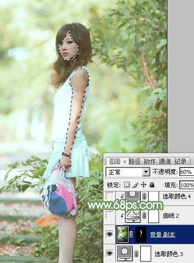‘Photoshop将树边美女图片调制出唯美的淡调嫩绿色‘