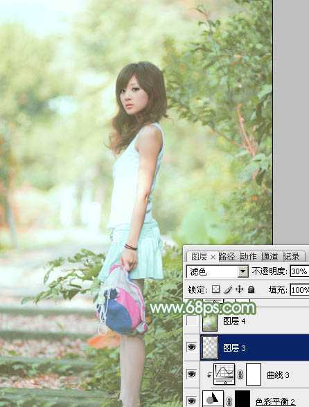 ‘Photoshop将树边美女图片调制出唯美的淡调嫩绿色‘