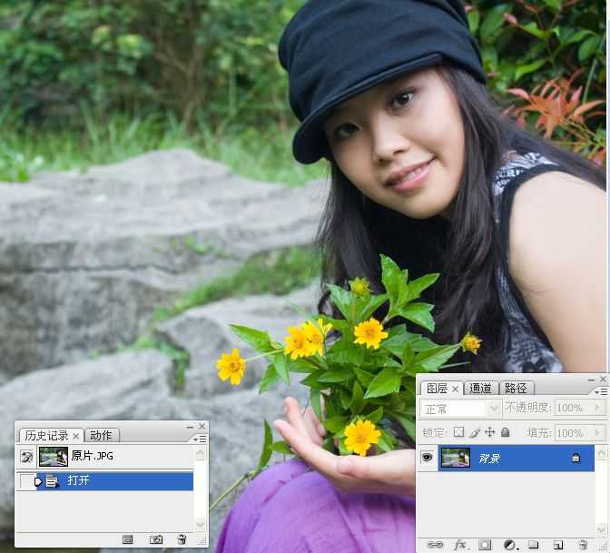 ‘Photoshop将坐在河边的美女图片调制出复古的淡黄效果‘