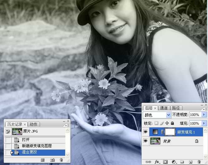 ‘Photoshop将坐在河边的美女图片调制出复古的淡黄效果‘