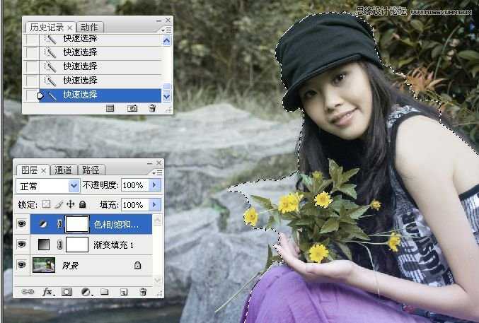 ‘Photoshop将坐在河边的美女图片调制出复古的淡黄效果‘