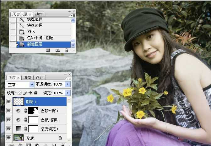 ‘Photoshop将坐在河边的美女图片调制出复古的淡黄效果‘