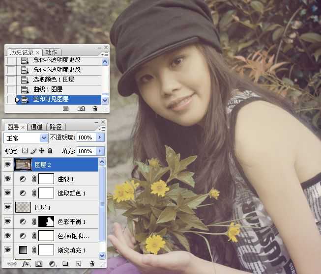 ‘Photoshop将坐在河边的美女图片调制出复古的淡黄效果‘