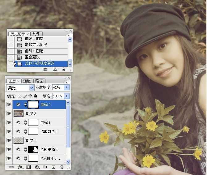 ‘Photoshop将坐在河边的美女图片调制出复古的淡黄效果‘
