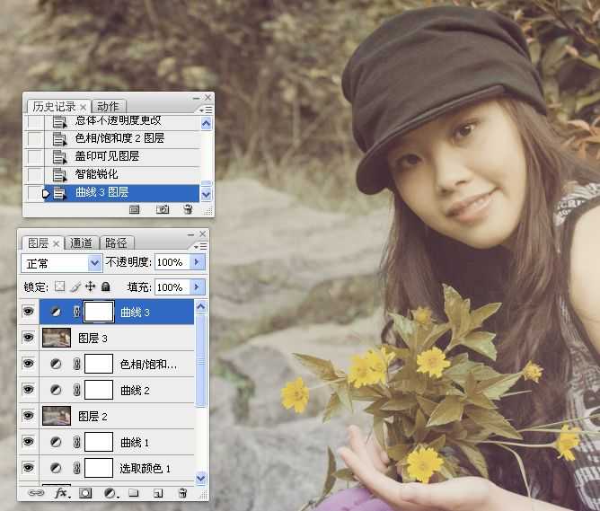‘Photoshop将坐在河边的美女图片调制出复古的淡黄效果‘