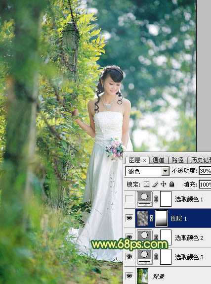 ‘Photoshop调制出甜美的橙绿色树林婚片‘