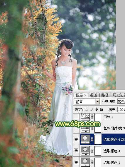 ‘Photoshop调制出甜美的橙绿色树林婚片‘
