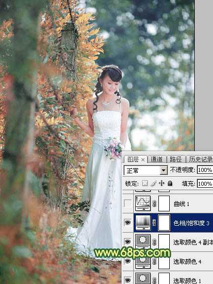 ‘Photoshop调制出甜美的橙绿色树林婚片‘