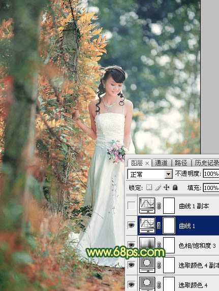 ‘Photoshop调制出甜美的橙绿色树林婚片‘