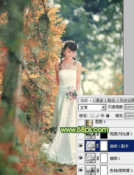 ‘Photoshop调制出甜美的橙绿色树林婚片‘