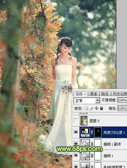 ‘Photoshop调制出甜美的橙绿色树林婚片‘