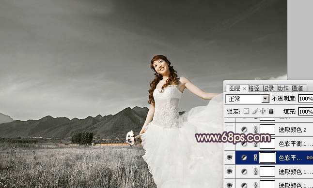 ‘Photoshop将荒原婚片打造出古典紫褐色效果‘