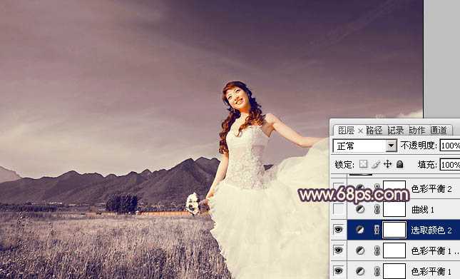 ‘Photoshop将荒原婚片打造出古典紫褐色效果‘
