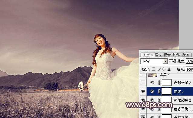 ‘Photoshop将荒原婚片打造出古典紫褐色效果‘