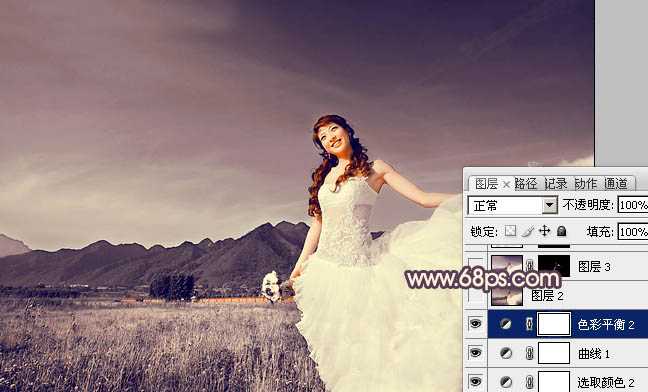 ‘Photoshop将荒原婚片打造出古典紫褐色效果‘