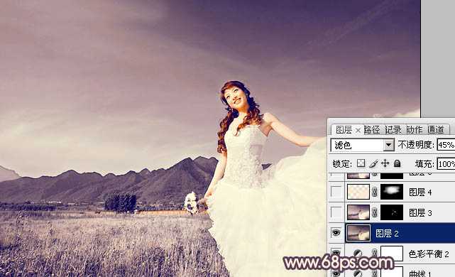 ‘Photoshop将荒原婚片打造出古典紫褐色效果‘