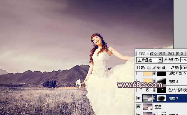 ‘Photoshop将荒原婚片打造出古典紫褐色效果‘