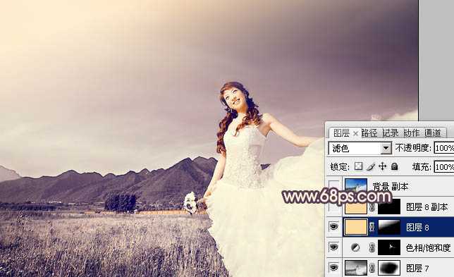 ‘Photoshop将荒原婚片打造出古典紫褐色效果‘