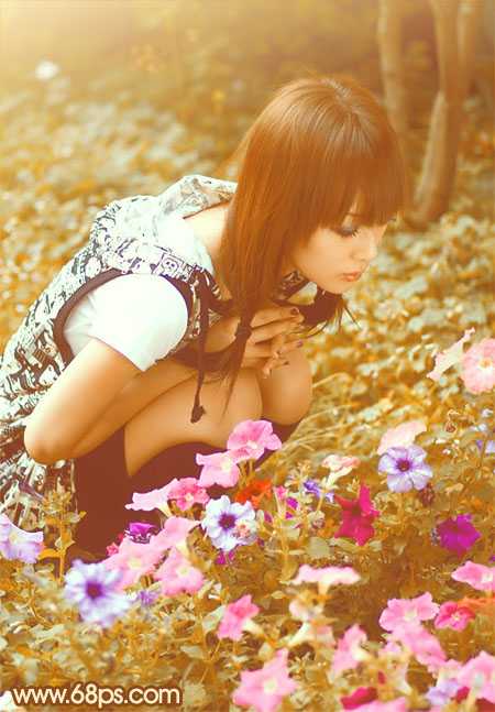 ‘Photoshop为蹲在草地看花的美女图片增加上柔和的黄褐阳光色效果‘
