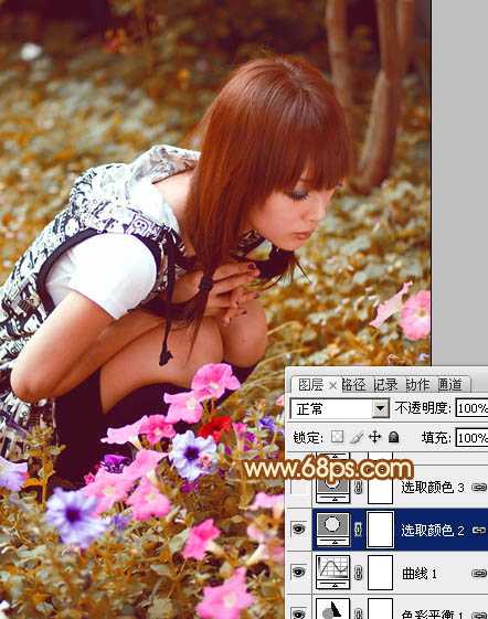 ‘Photoshop为蹲在草地看花的美女图片增加上柔和的黄褐阳光色效果‘