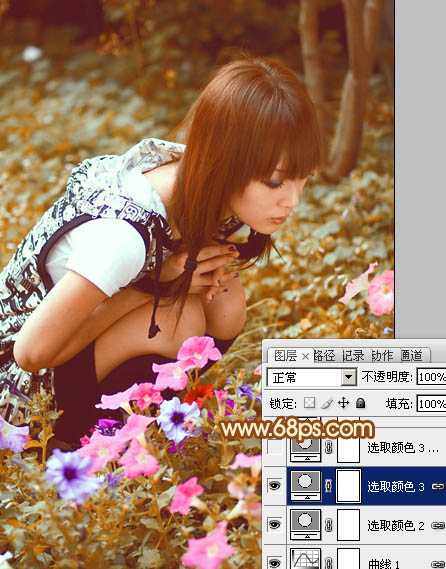 ‘Photoshop为蹲在草地看花的美女图片增加上柔和的黄褐阳光色效果‘