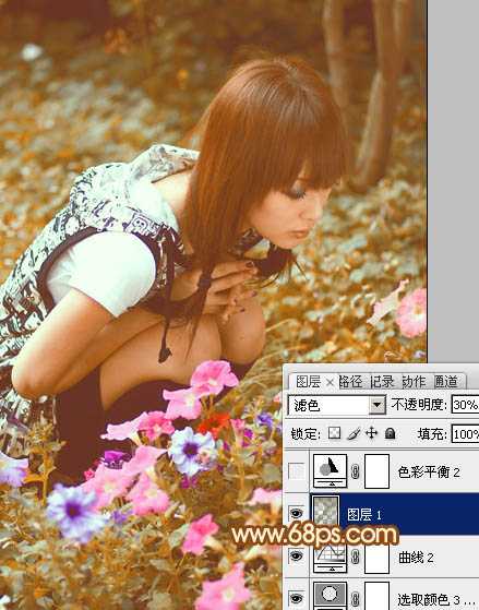 ‘Photoshop为蹲在草地看花的美女图片增加上柔和的黄褐阳光色效果‘
