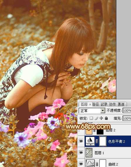 ‘Photoshop为蹲在草地看花的美女图片增加上柔和的黄褐阳光色效果‘