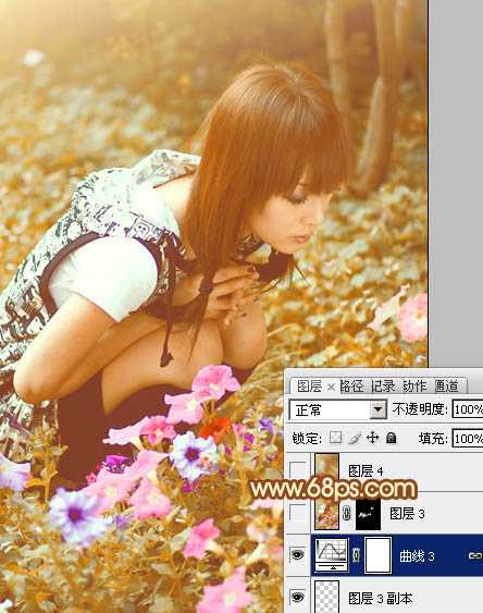 ‘Photoshop为蹲在草地看花的美女图片增加上柔和的黄褐阳光色效果‘