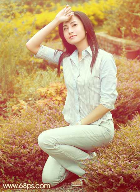 ‘Photoshop将花草中的人物图片增加上柔美的暖春色‘