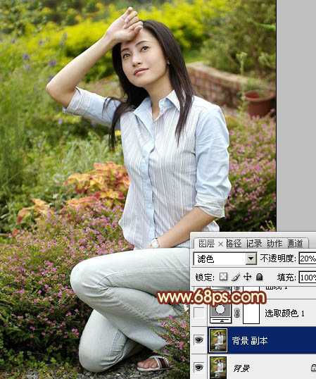 ‘Photoshop将花草中的人物图片增加上柔美的暖春色‘