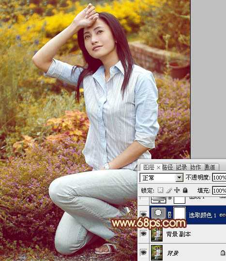 ‘Photoshop将花草中的人物图片增加上柔美的暖春色‘