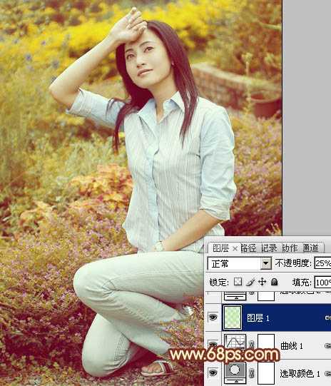 ‘Photoshop将花草中的人物图片增加上柔美的暖春色‘