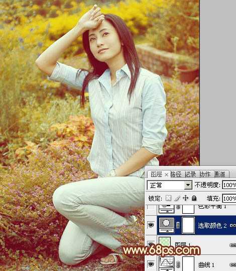 ‘Photoshop将花草中的人物图片增加上柔美的暖春色‘