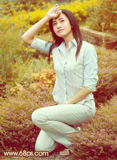 ‘Photoshop将花草中的人物图片增加上柔美的暖春色‘