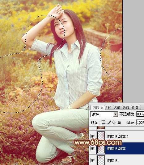 ‘Photoshop将花草中的人物图片增加上柔美的暖春色‘