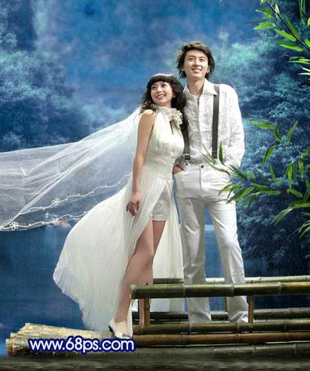 ‘Photoshop将外景婚片调成梦幻的青蓝色‘