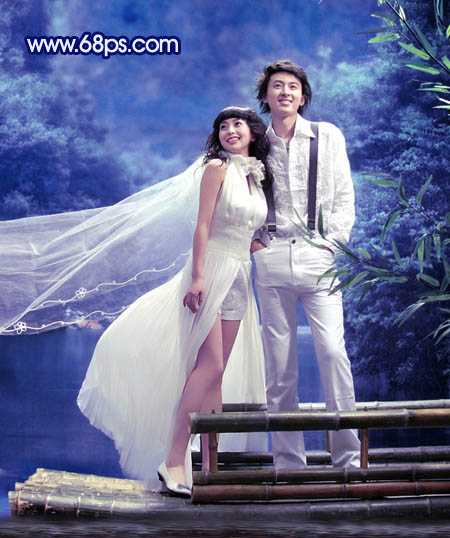 ‘Photoshop将外景婚片调成梦幻的青蓝色‘