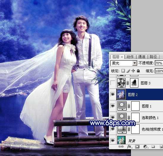 ‘Photoshop将外景婚片调成梦幻的青蓝色‘