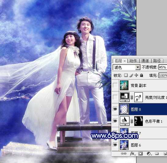 ‘Photoshop将外景婚片调成梦幻的青蓝色‘