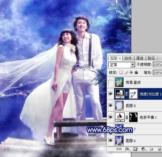 ‘Photoshop将外景婚片调成梦幻的青蓝色‘