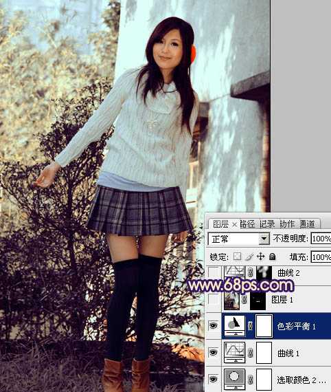 ‘Photoshop将外景模特图片调制出淡淡的蓝黄色效果‘