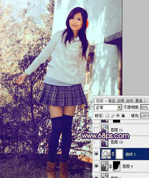‘Photoshop将外景模特图片调制出淡淡的蓝黄色效果‘