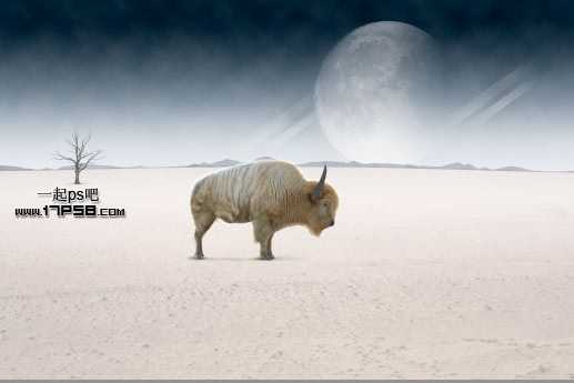 ‘photoshop合成在荒野星球沙漠中一头变异的野牛独自矗立的场景‘