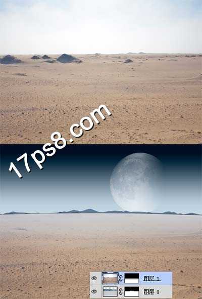 ‘photoshop合成在荒野星球沙漠中一头变异的野牛独自矗立的场景‘