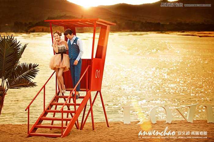 ‘Photoshop调出湖边婚纱照调制出日落夕阳景色‘