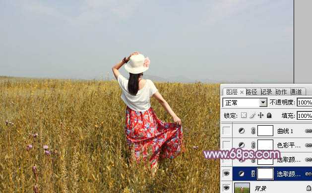 ‘Photoshop为草原人物调制出淡雅的秋季青黄色‘