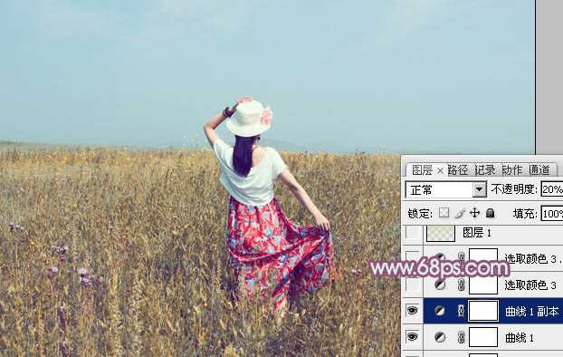 ‘Photoshop为草原人物调制出淡雅的秋季青黄色‘