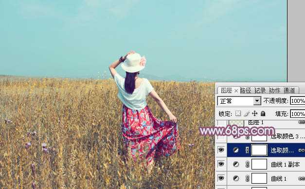 ‘Photoshop为草原人物调制出淡雅的秋季青黄色‘