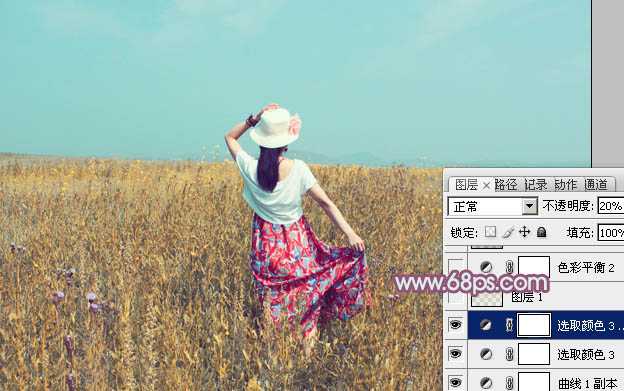 ‘Photoshop为草原人物调制出淡雅的秋季青黄色‘